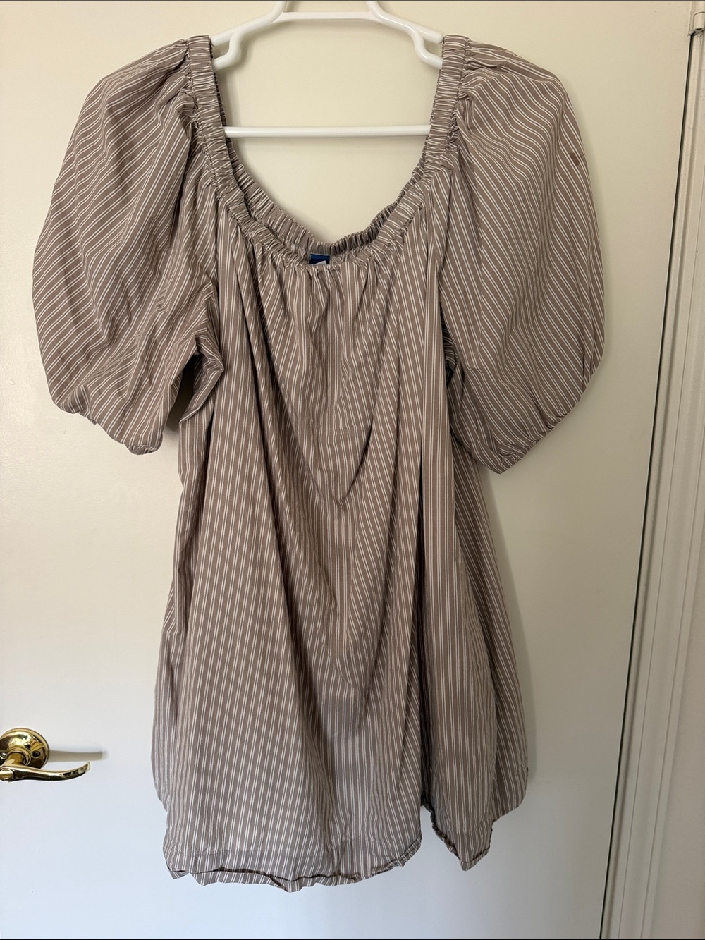 Old Navy Taupe Striped Puff-Sleeve Mini Dress